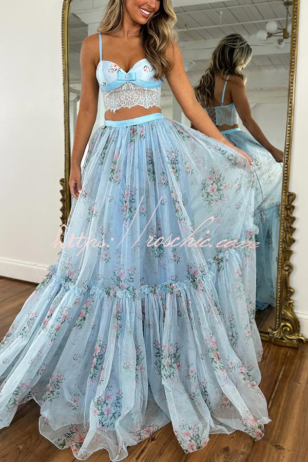Vita Floral Satin Bow Lace Back Lace-up Crop Tank and Tulle High