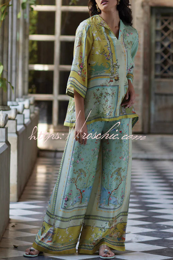 Elonie Satin Floral Print V-neck Half Sleeve Top and Elastic Waist Wide Leg Pants Set