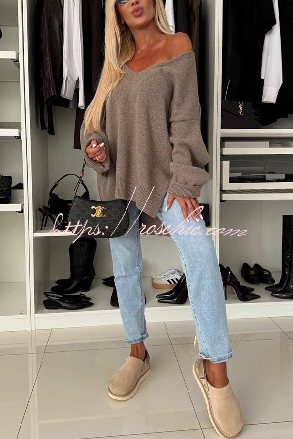 Cold Weather Knit Solid Color Long Sleeve V-neck Irregular Relaxed Sweater