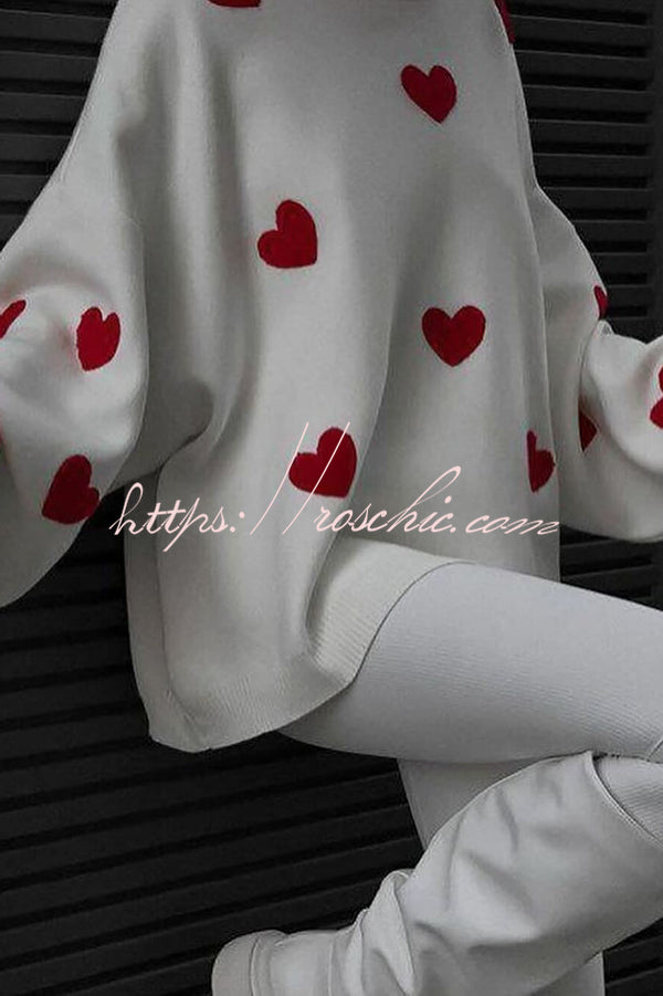 Fashionable Embroidered Love Loose Round Neck Long Sleeve Knitted Sweater