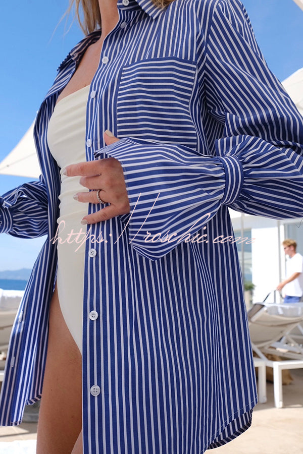 Striped Print Ruffled Long Sleeve Pockets Loose Shirt