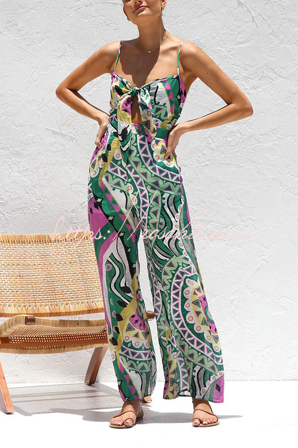 Unique Printed Suspender Back Pleated Pocket Wide-leg Jumpsuit