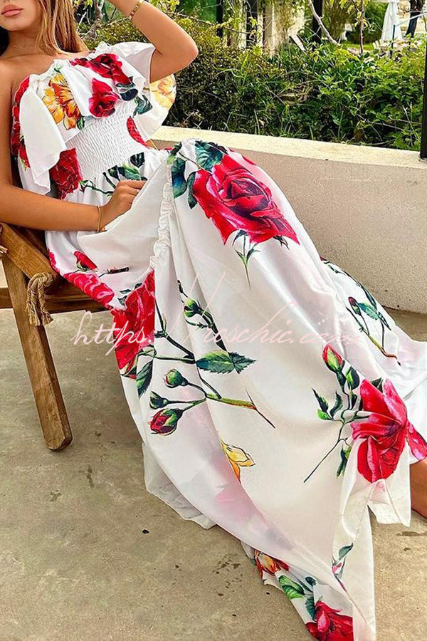 Glamorous Rose Print Patchwork Pleated High Waisted Maxi Dress