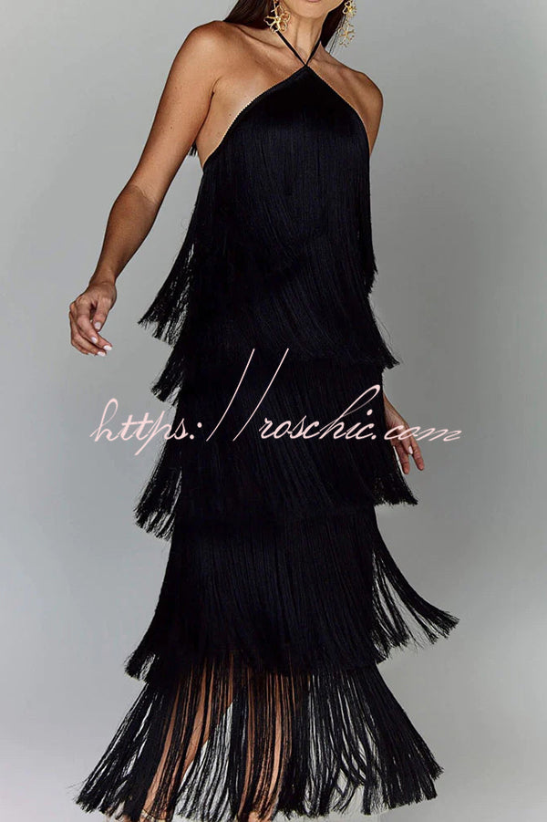 Sexy Halterneck Backless Elegant Fringe Maxi Dress