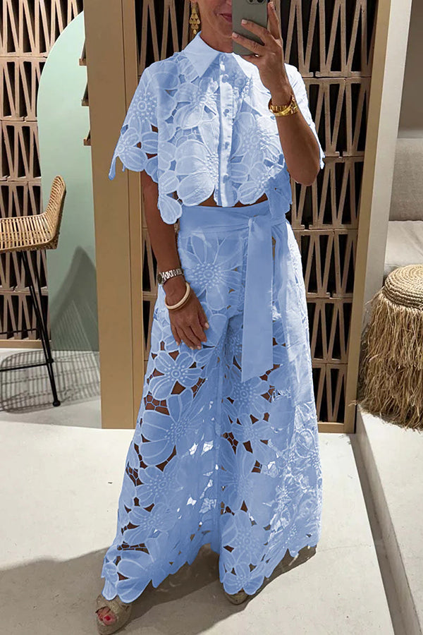 Women's Floral Lace Two-piece Set With Short Sleeves And Wide-leg Trousers - Blue / XL - Fashion