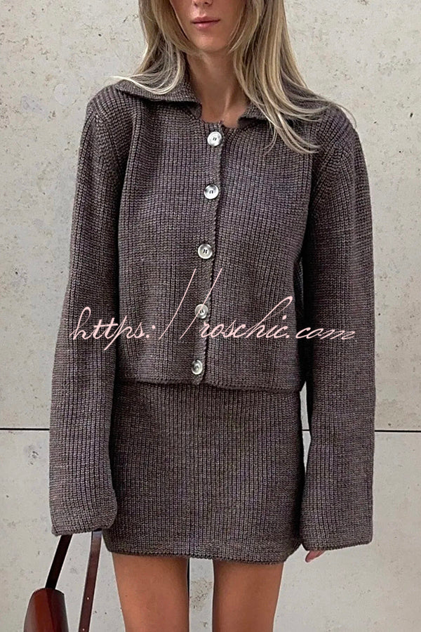 Fashion Lapel Bell Sleeve Knitted Cardigan and Casual Mini Skirt Set