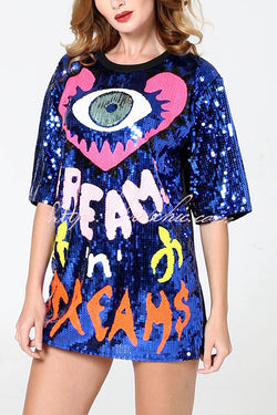 Love Eyes Letters Sequined Round Neck Short Sleeve Mid-Length Loose T-Shirt