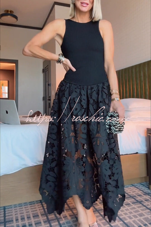 Atlas Asymmetric Ribbed-knit and Guipure Lace Back Zipper Midi Dress