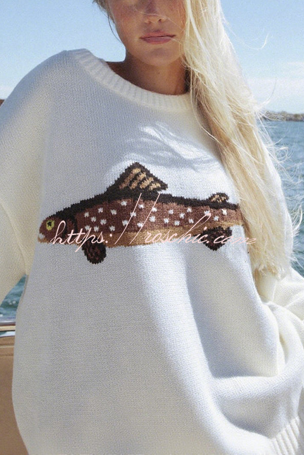 Fashionable Fish Pattern Round Neck Loose Knitted Sweater