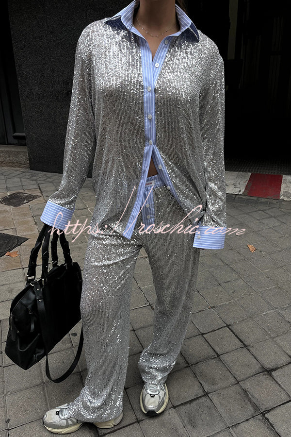 Fashion Sequined Loose Long-sleeved Shirt and Casual Elastic Waist Wide-leg Pants Set