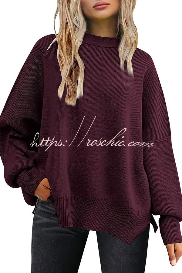 Distressed Knit Side Slit Long Sleeve Pullover Sweater