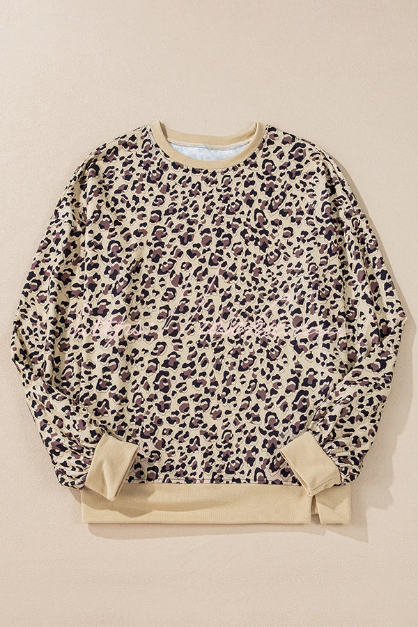 Leopard Print Crew Neck Patchwork Long sleeve Casual Loose Sweatshirt