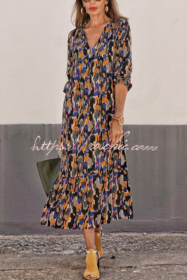 Multicolor Color Block Print V-neck Loose Resort Midi Dress