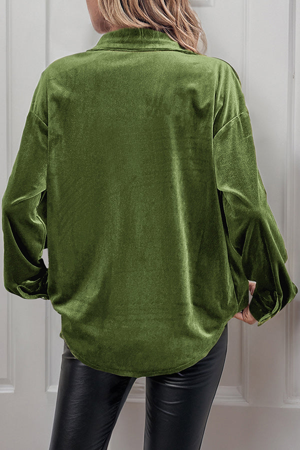 Solid Color Velvet Casual Lapel Pocket Loose Shirt