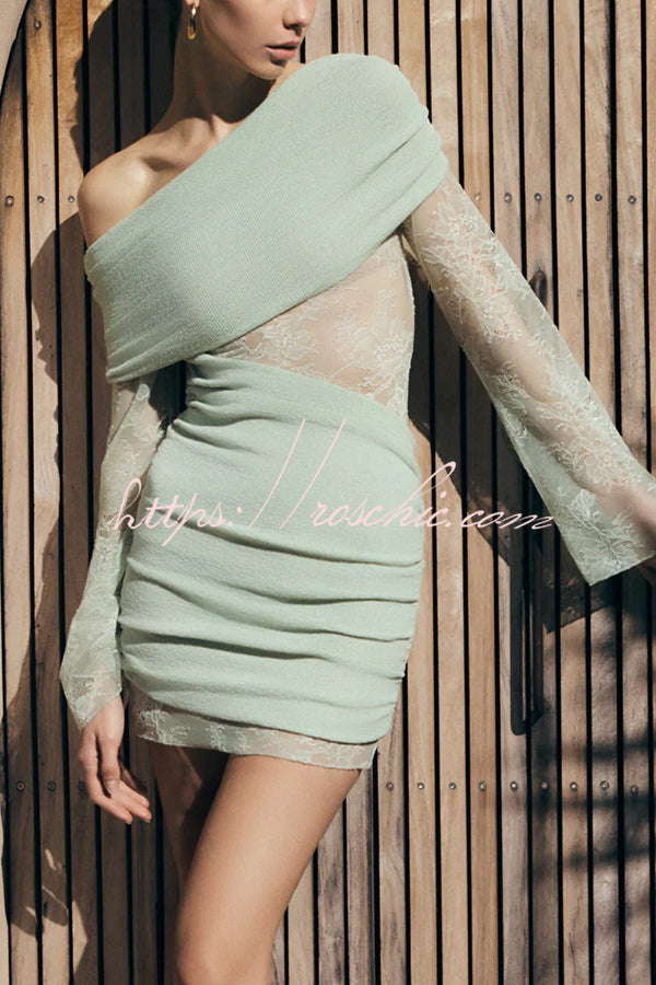 Fashion Lace Panel Long Sleeve Slim Fit Knit Mini Dress