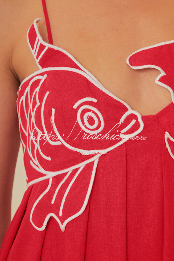 Red Fish Embroidered Sling Backless Maxi Dress