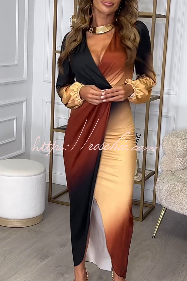 Romantic Sunset Gradient Print Ruched Balloon Sleeve Slit Maxi Dress