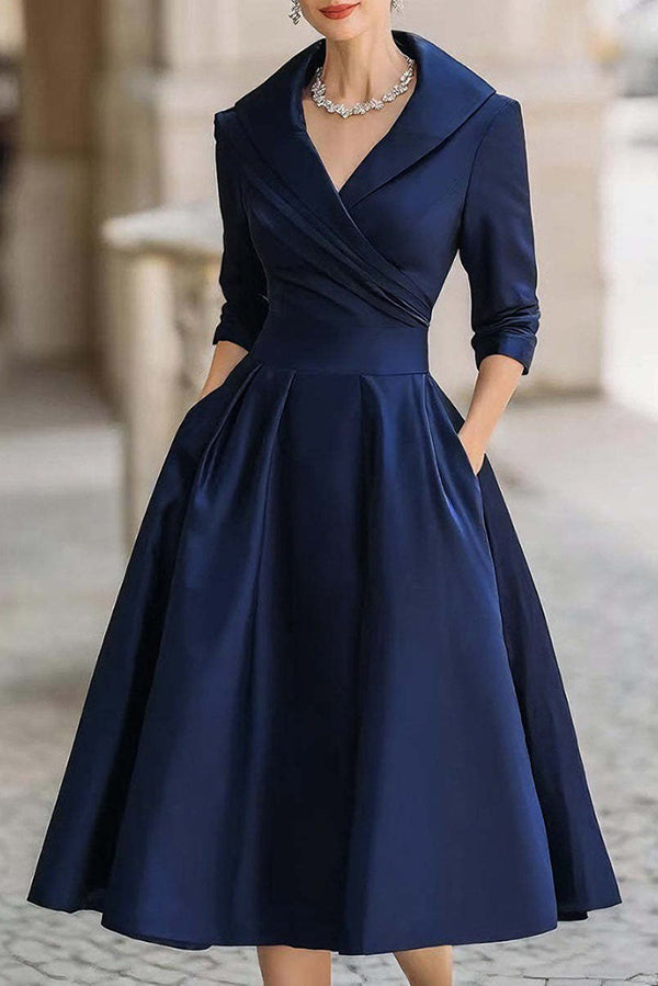 Solid Color Elegant Long Sleeve Waist Pocket Midi Dress