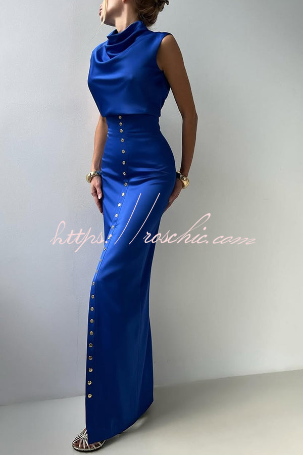 Solid Color Casual Sleeveless Crop Top and Elegant Button-down Maxi Skirt Set