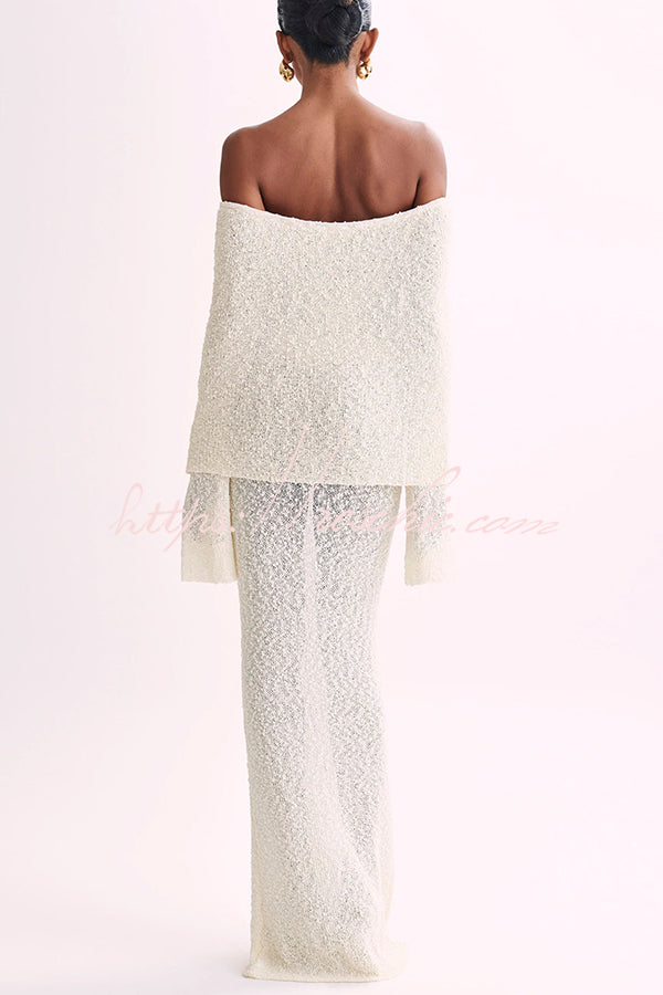 Marisol Ribbed Boucle Material Draped Off Shoulder Stretch Vacation Maxi Dress