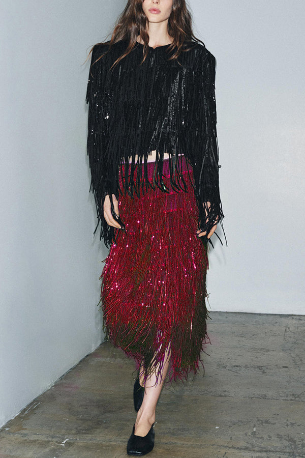 Party Crasher Layered Sequined Tassels High Rise Back Zipper Midi Skirt (Shipped Within 24 Hours)