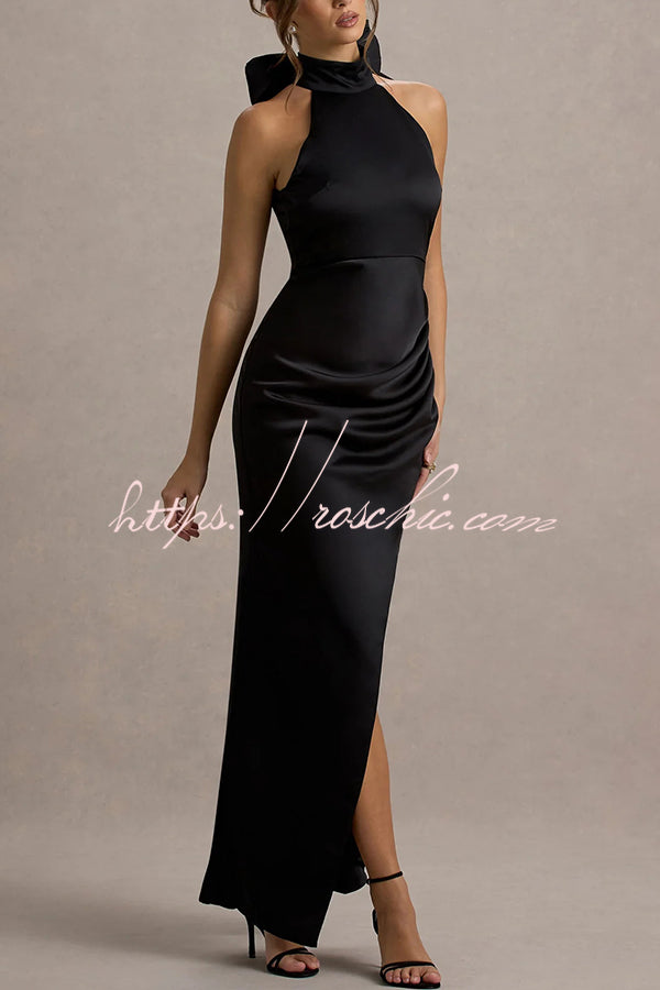 Maureen Satin High Neck Ruched Ruffle Slit Draped Maxi Dress