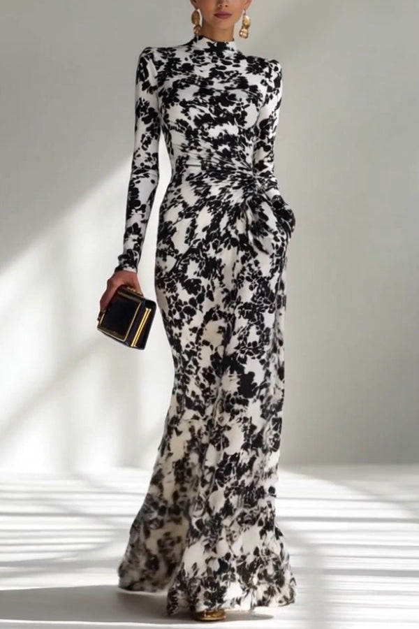 long sleeve pocket maxi dress Black and White Color-blocked Printed Long-sleeved Pocket Slim-fit Pleated  Maxi Dress