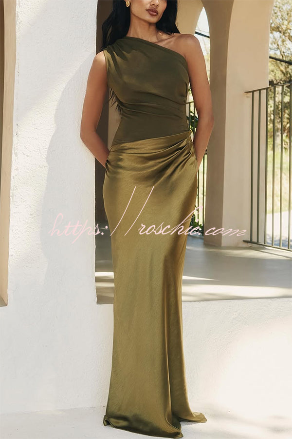 Kaia Satin Contrast Fabric Patchwork One Shoulder Ruched Maxi Dress, Mocha / L Kaia Satin Contrast Fabric Patchwork One Shoulder Ruched Maxi Dress, Mocha / L