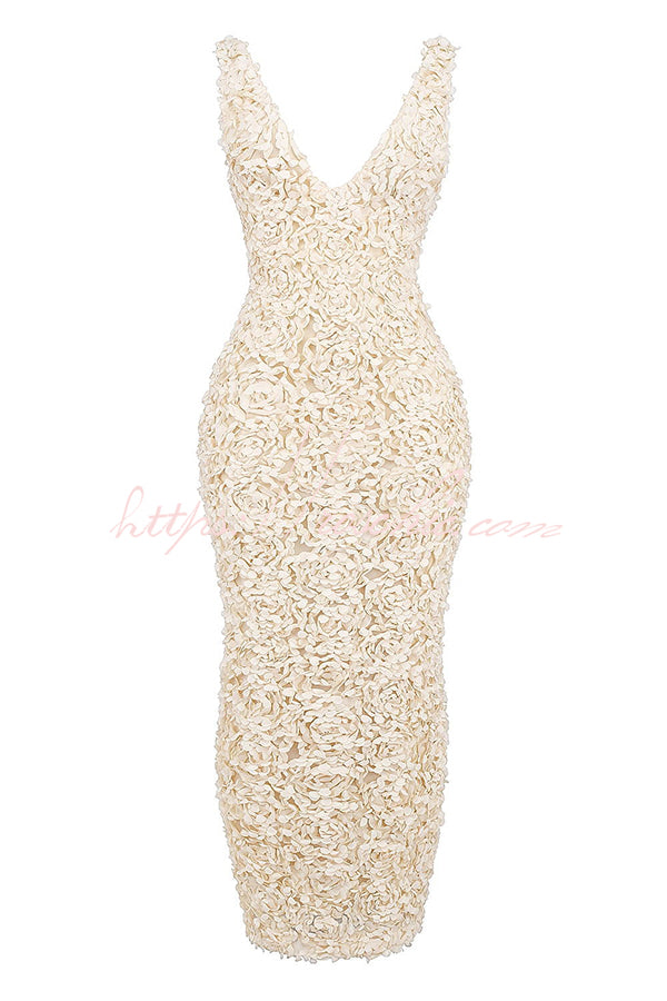 Champagne Party Rose Floral Applique Slit Pencil Maxi Dress