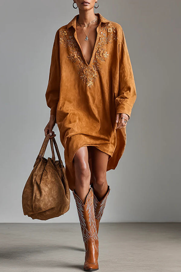 Fashionable Embroidered Loose Suede Long-sleeved Casual Mini Dress
