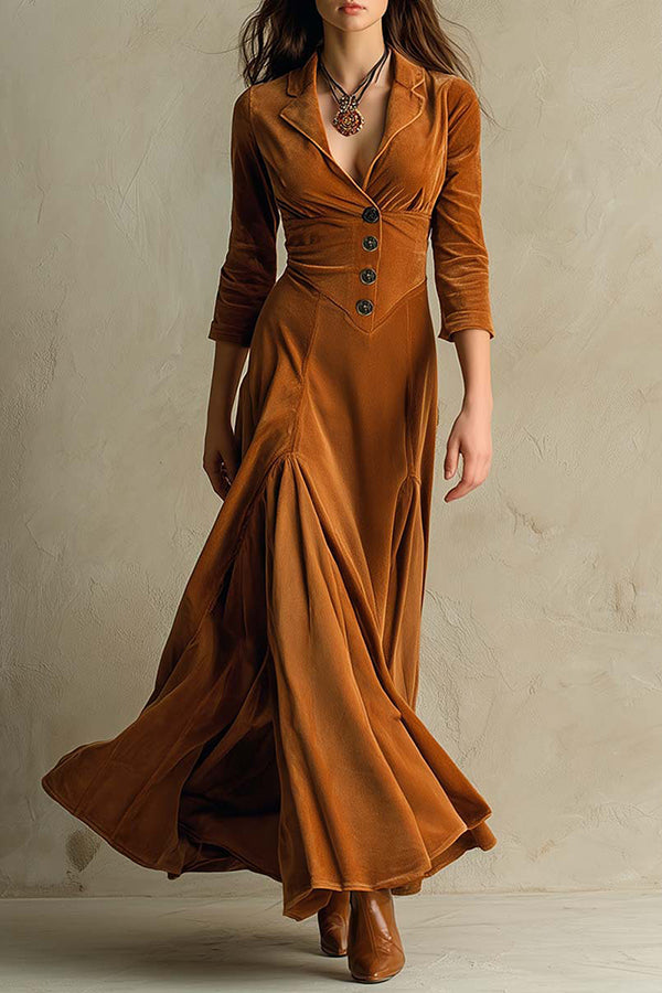 Solid Velvet Lapel Button High Waist Maxi Dress