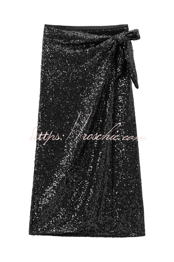 Crushing on You Sequin High Rise Wrap Tie-up Slit Midi Skirt