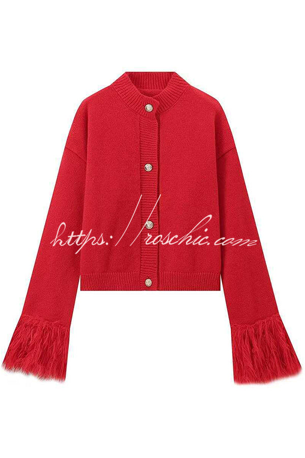 Solid Color Elegant Feather Long Sleeve Casual Knitted Cardigan