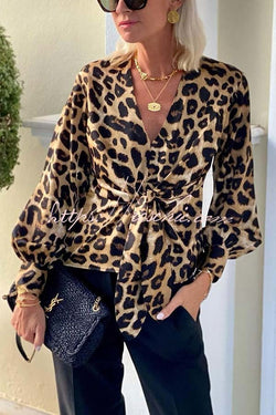 Janae Leopard Print Front Tie-up Lantern Sleeve Casual Blouse