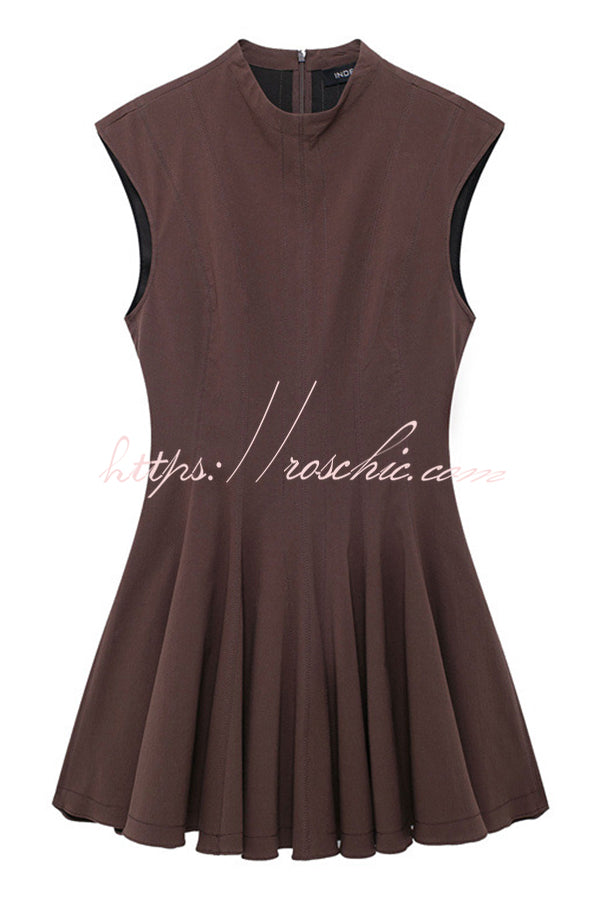 Solid Color Round Neck Sleeveless Waist Mini Dress