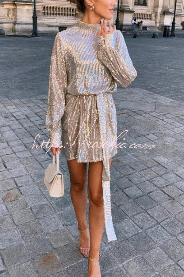 Fashionable Sequined Long-sleeved Belted Casual Mini Dress