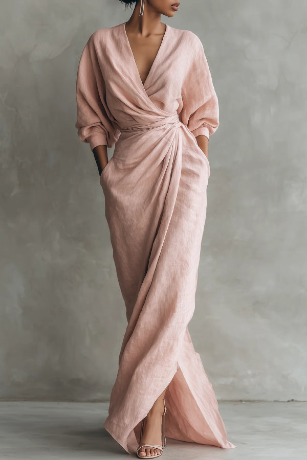 Linen Blend Loose V-neck Pleated Waist Casual Pocket Maxi Dress, Pink / L Linen Blend Loose V-neck Pleated Waist Casual Pocket Maxi Dress, Pink / L