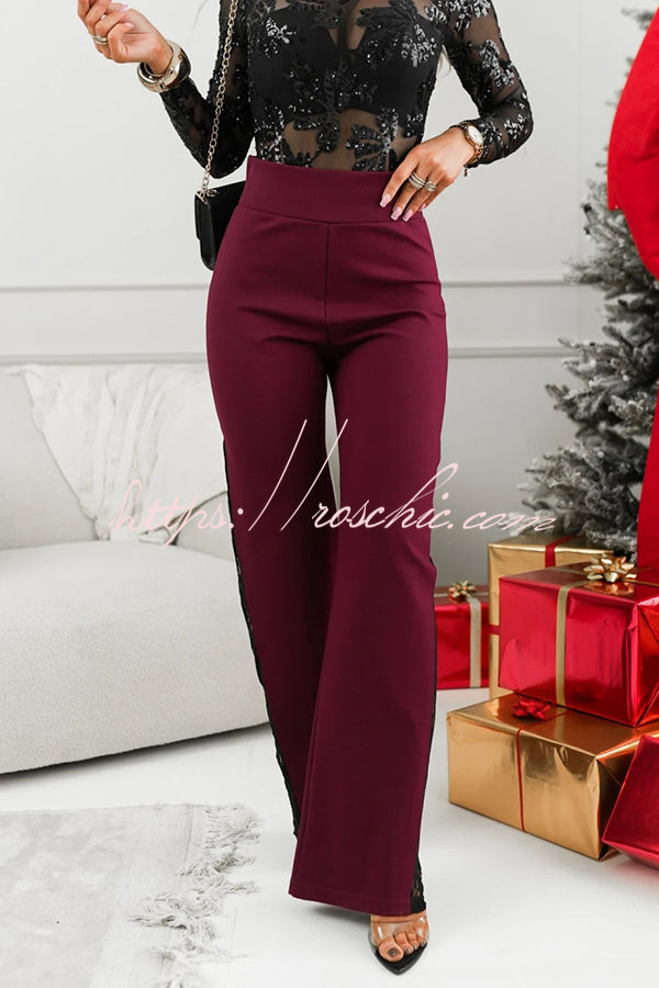 Joelie High Rise Elastic Waistband Side Lace Patchwork Flare Pants