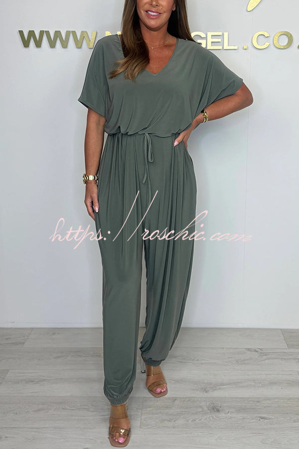 Solid Color V-neck Short-sleeved Waist-tied Loose Casual Jumpsuit