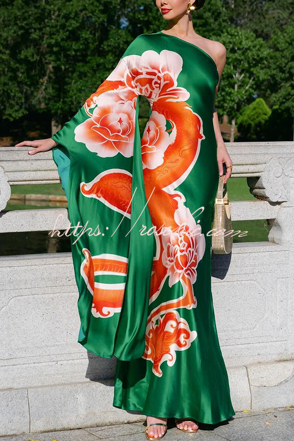 Elegance and Grace Satin Dragon Print One Shoulder Drape Sleeve Maxi Dress