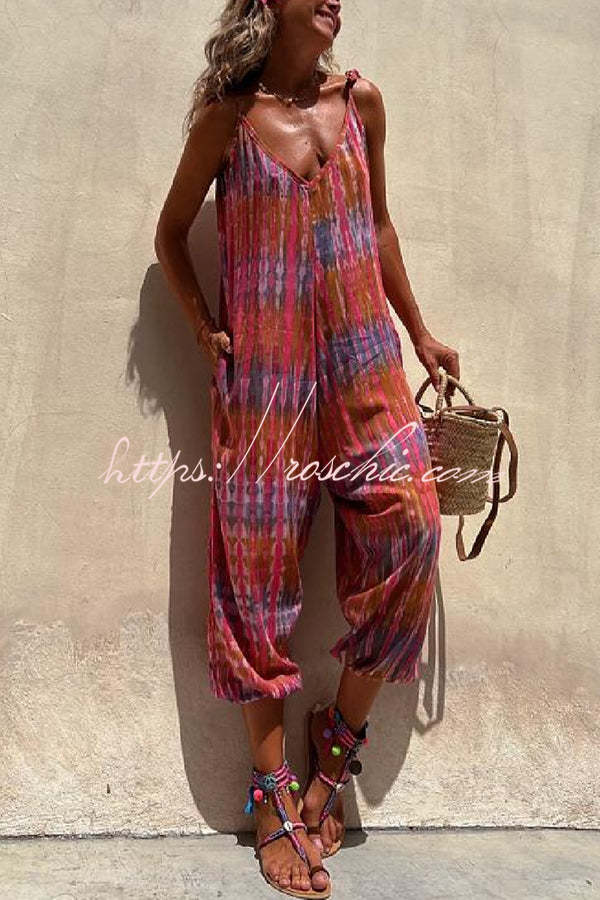 Brighton Beach Tie-dye Print Shoulder Tie Pocketed Loose Jumpsuit