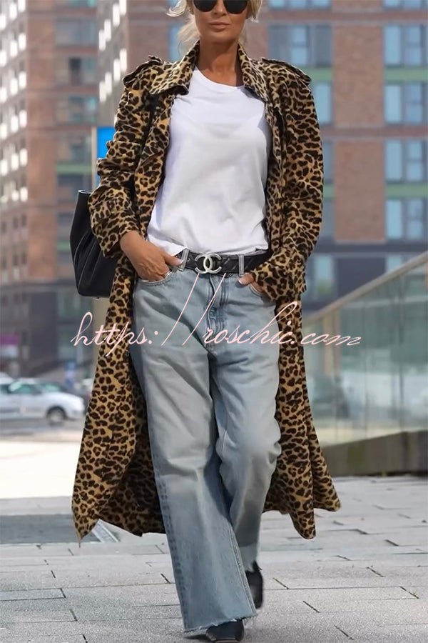 Be Free Velvet Leopard Print Long Sleeve Loose Midi Trench Coat