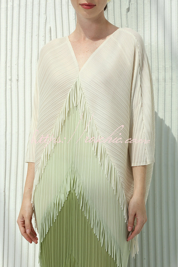 Fashionable Color-blocked Multi-layered Tassel Loose Midi Dress