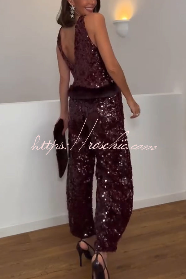 Gala Goddess Sequin Faux Fur Trim Crew Neck Sleeveless Loose Top