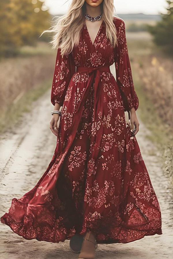 Floral Print V-neck Long-sleeved Fitted Waist Tie Maxi Dress