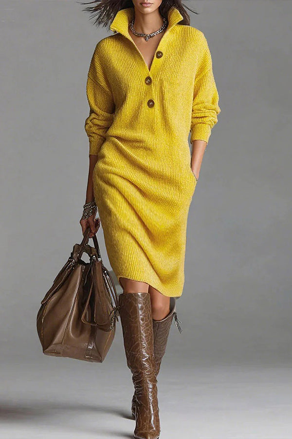 Solid Color Collared Button Loose Casual Knit Midi Dress roschic Solid Color Collared Button Loose Casual Knit Midi Dress roschic