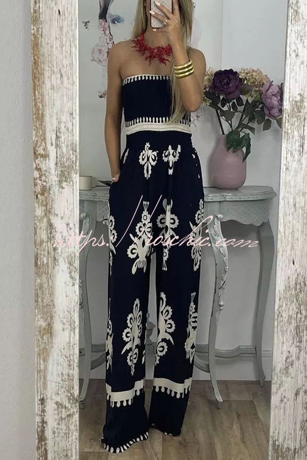 Larsen Ethnic Print Off Shooulder Smocked Bust Pocketed Jumpsuit