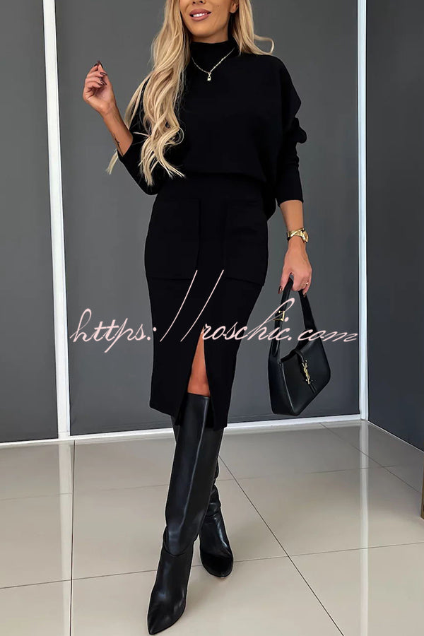 Chill Morning Knit Ribbed High Neck Top and Big Pocket Slit  Stretch Midi Skirt Set