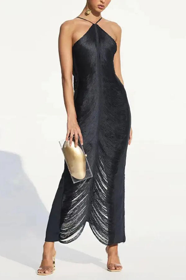 Sexy Allnight Metallic Halterneck Backless Fringed Slit Maxi Dress, Black / XL Sexy Allnight Metallic Halterneck Backless Fringed Slit Maxi Dress, Black / XL