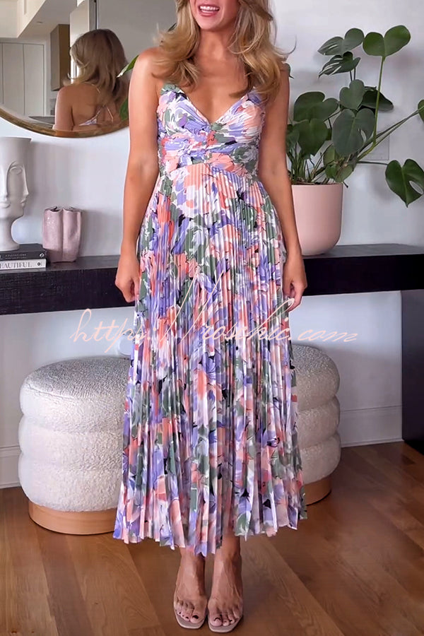 Wedding Party Season Floral Print Pleated Back Tie-up Midi Dress